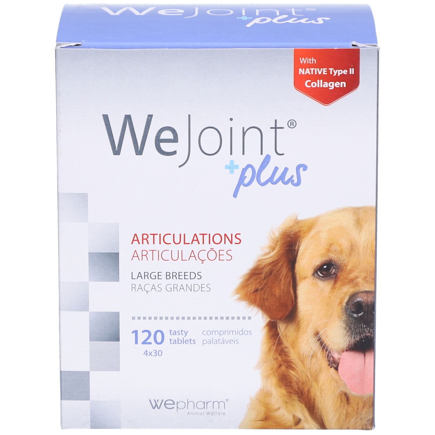 Boîte WeJoint plus. Inscription : articulations, grandes races, 120 comprimés. Image d'un chien.