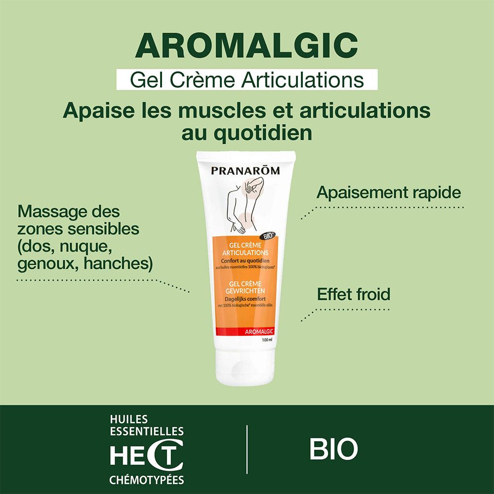 Visuel publicitaire avec tube. Texte : AROMALGIC Gel Crème Articulations. Apaise les muscles et articulations.