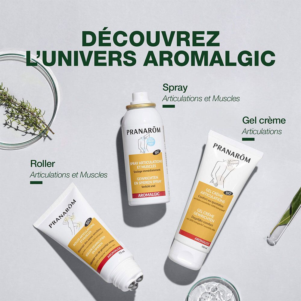 Visuel publicitaire avec produits. Roller, spray et gel crème. Texte : Découvrez l'univers Aromalgic.