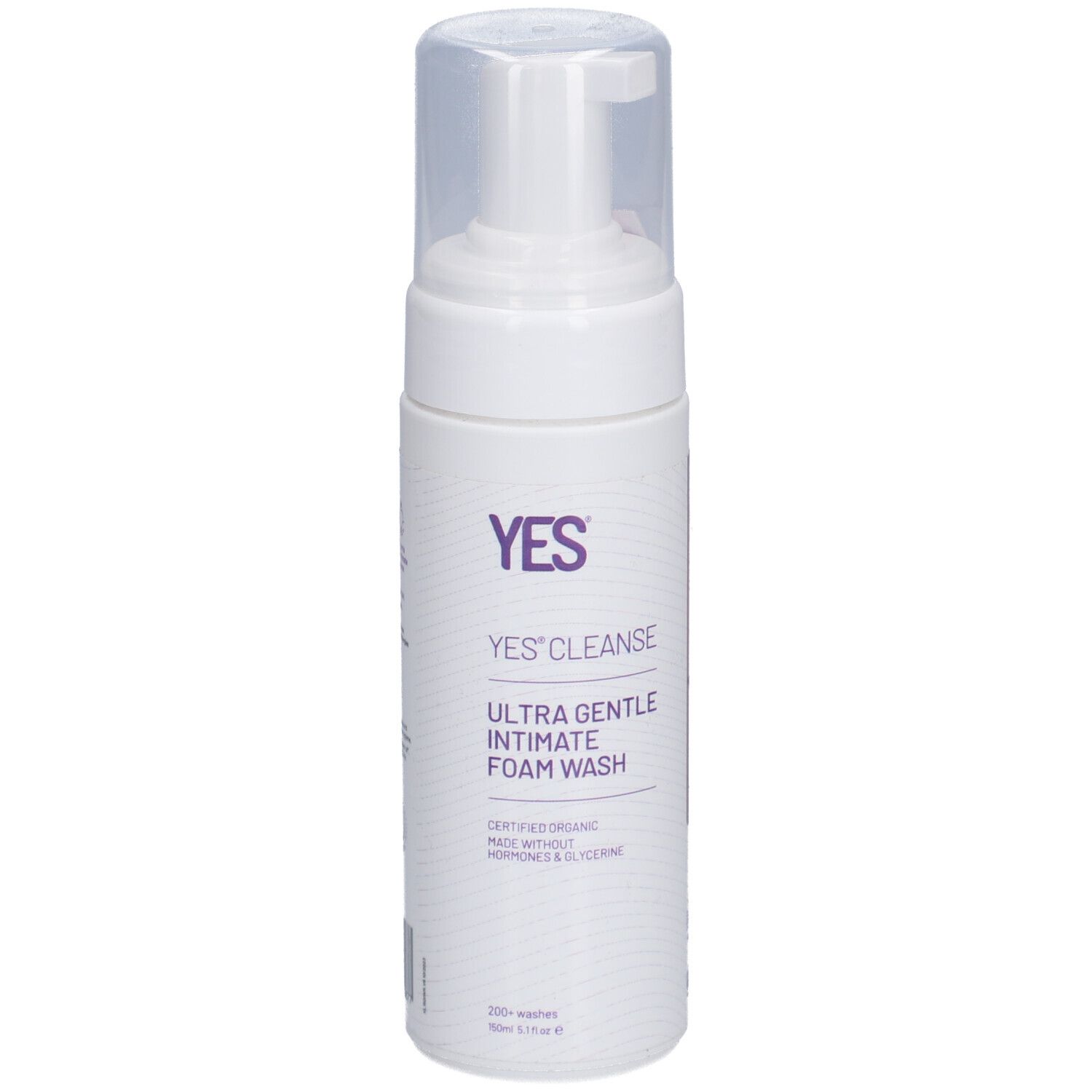 Flacon blanc avec pompe. Inscription: YES'CLEANSE ULTRA GENTLE INTIMATE FOAM WASH. Bouchon transparent.