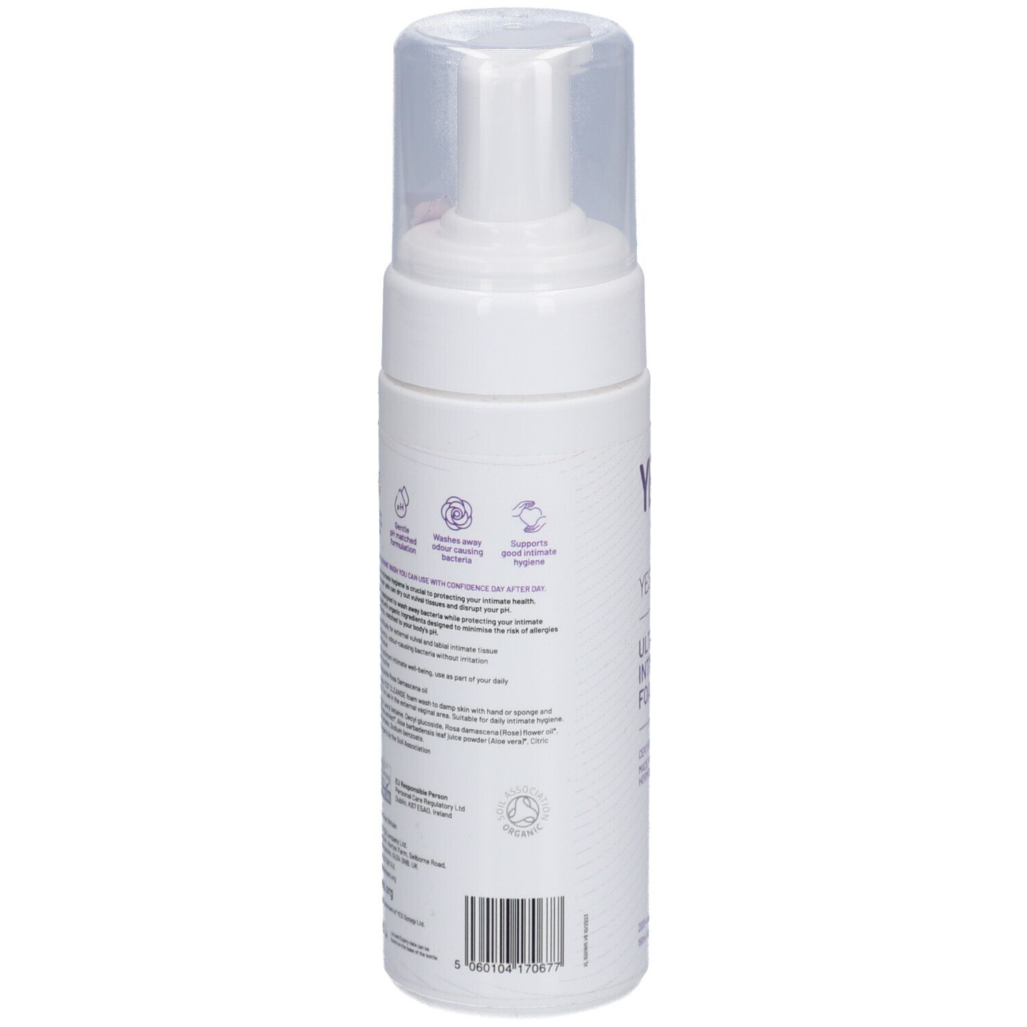 Flacon blanc avec pompe. Dos avec texte et code-barres. Bouchon transparent.