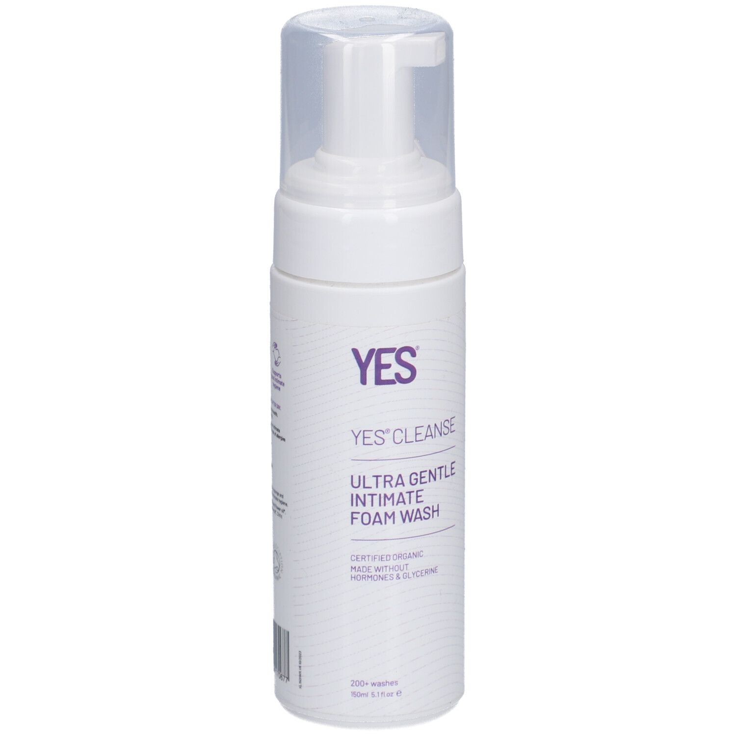 Flacon blanc avec pompe. Inscription: YES'CLEANSE ULTRA GENTLE INTIMATE FOAM WASH. Bouchon transparent.