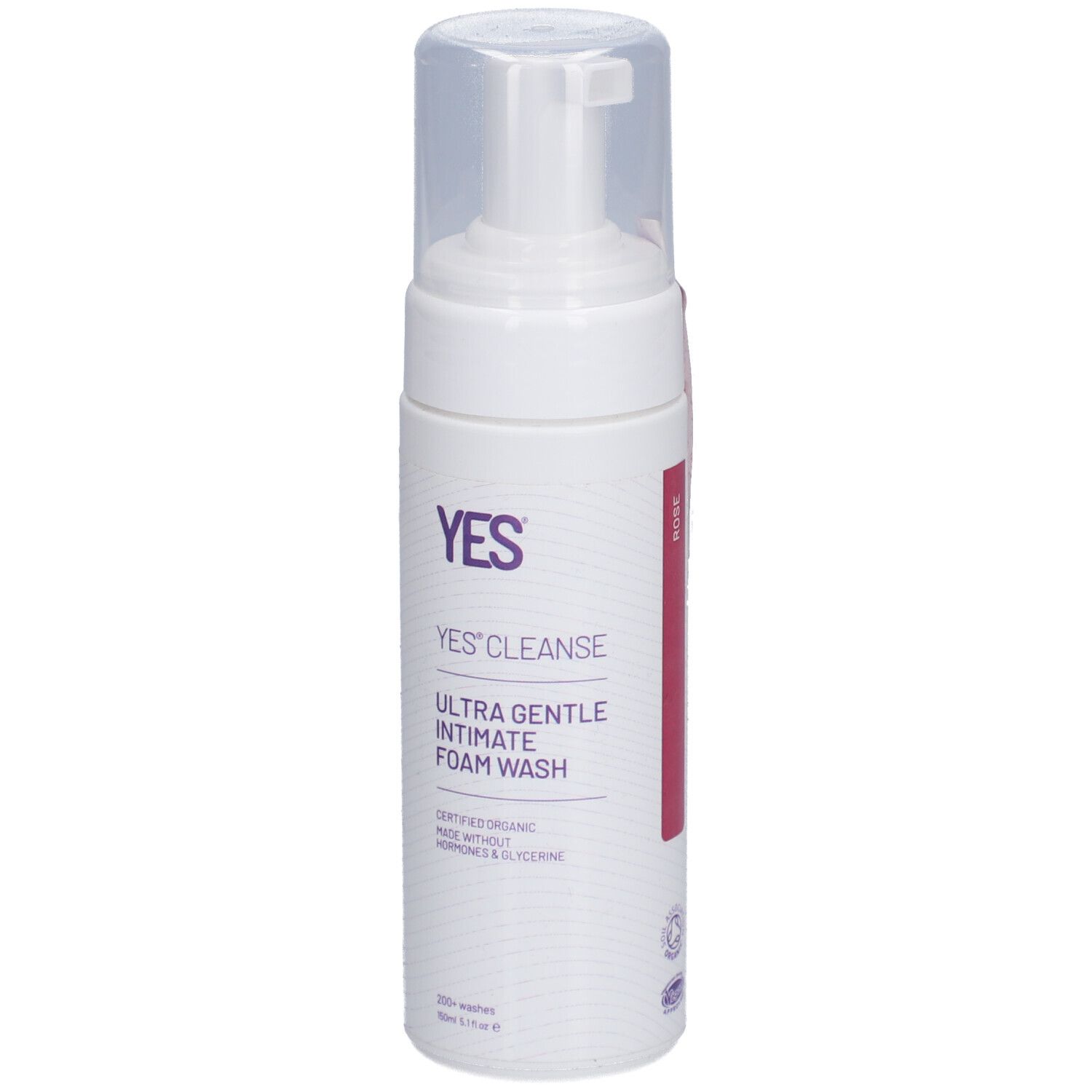 Flacon blanc avec pompe. Étiquette rouge 'ROSE'. Nom du produit: YES'CLEANSE. Bouchon transparent.