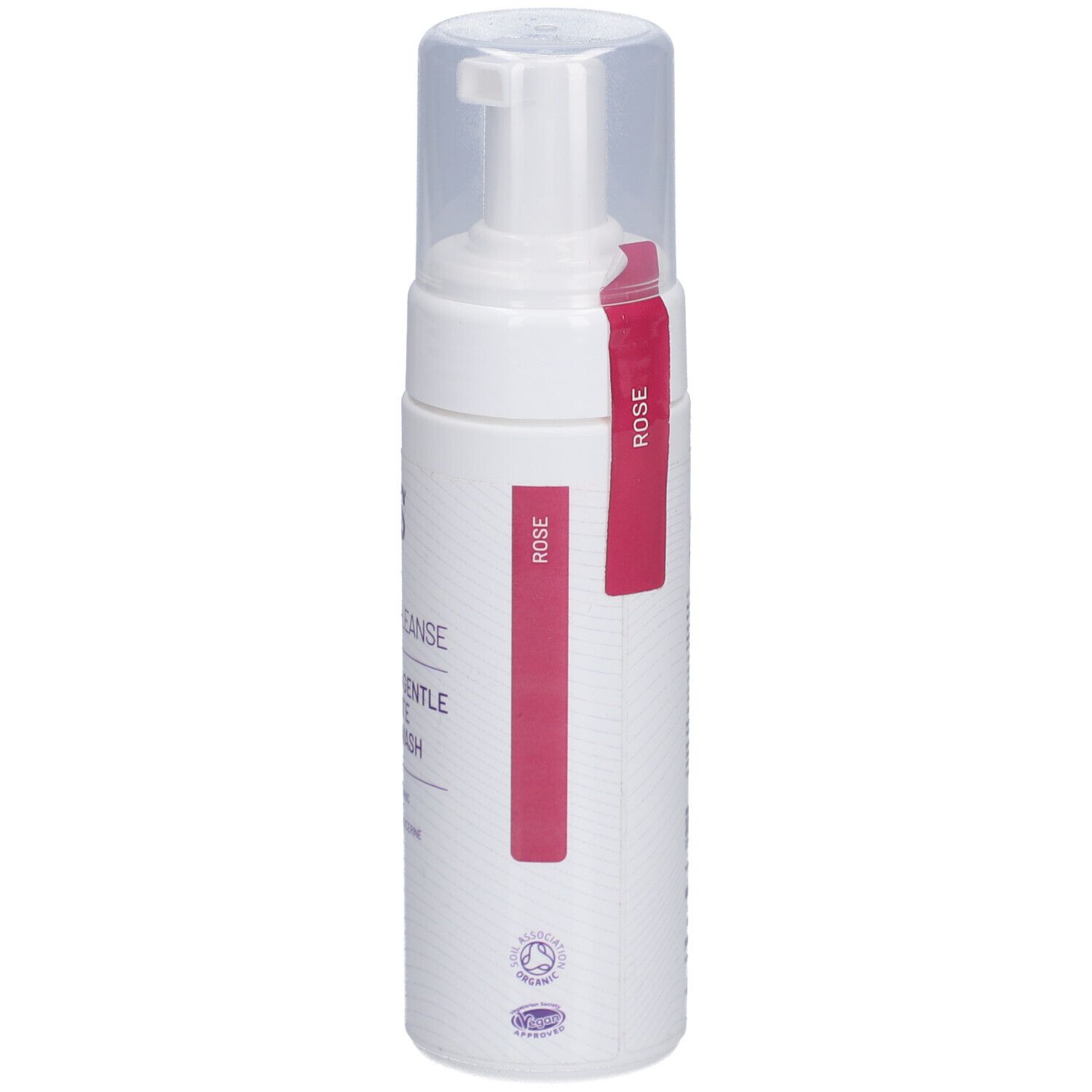 Flacon blanc avec pompe. Étiquette rouge 'ROSE'. Nom du produit: YES'CLEANSE. Bouchon transparent.