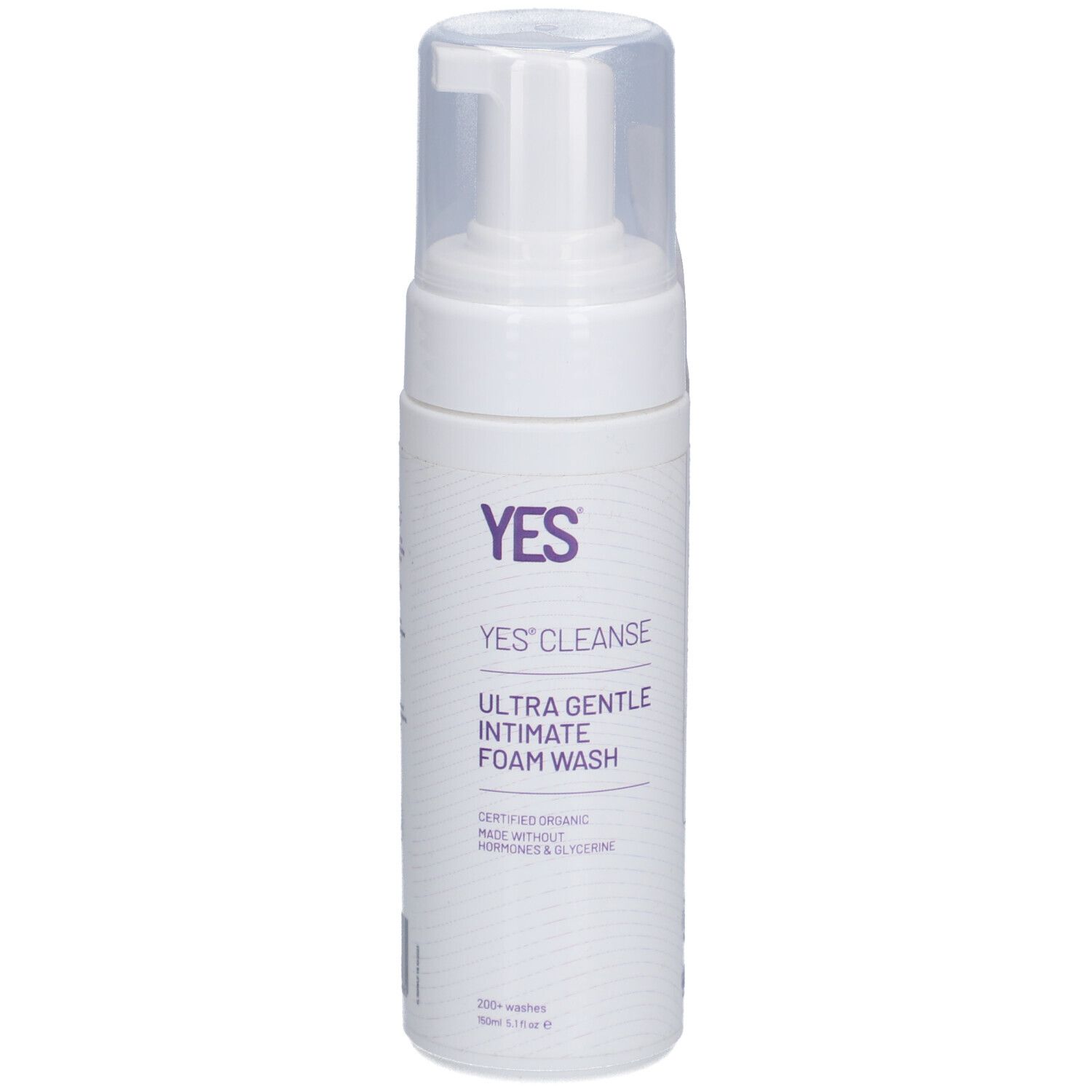 Flacon blanc avec pompe. Inscription: YES Cleanse Ultra Gentle Intimate Foam Wash. Sans hormones et glycérine.