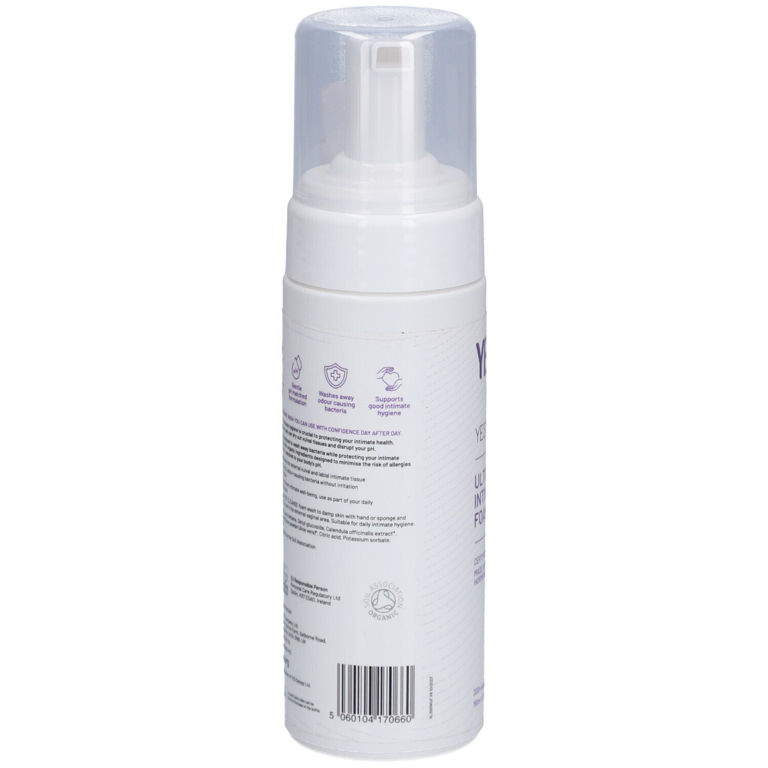 Dos du flacon blanc. Texte: informations sur le produit, ingrédients, certifications et code-barres.