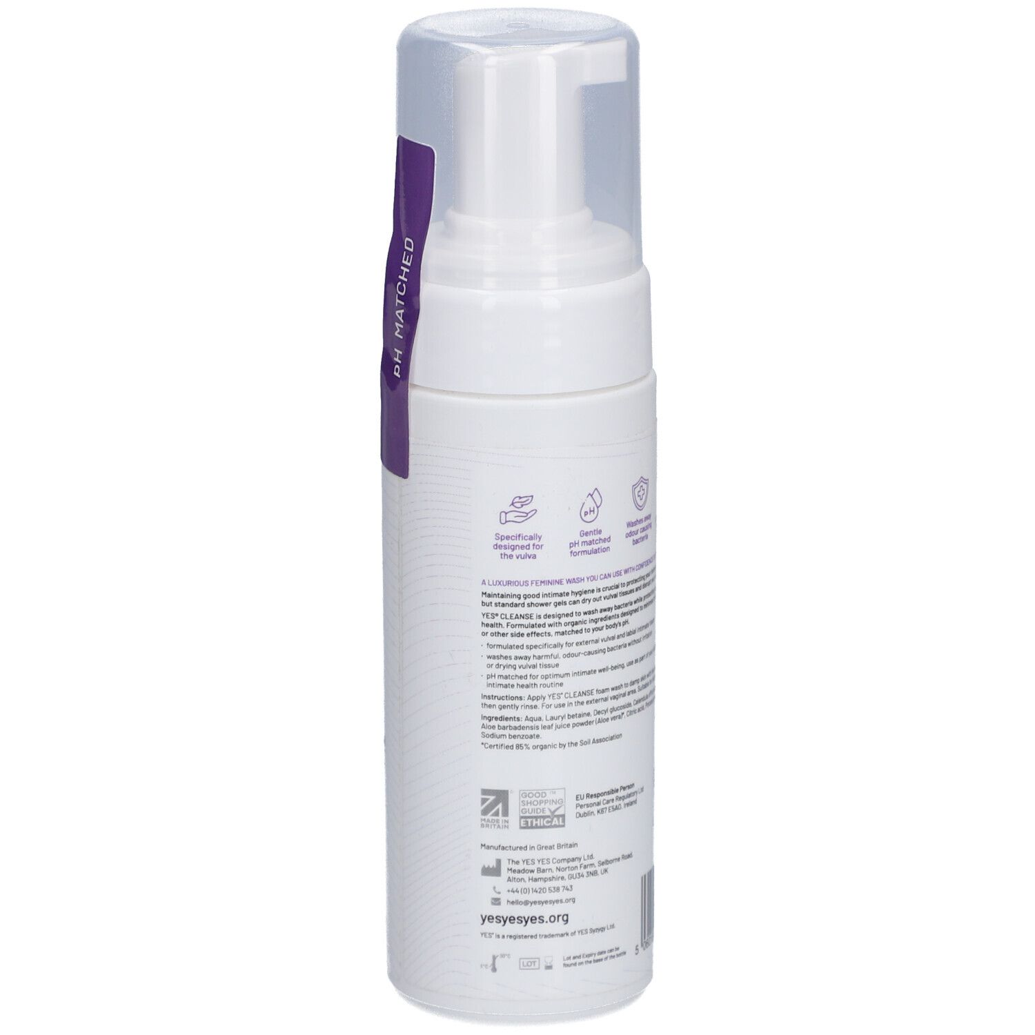 Flacon blanc avec étiquette violette. Texte: pH Matched. Informations sur le produit, ingrédients, certifications.