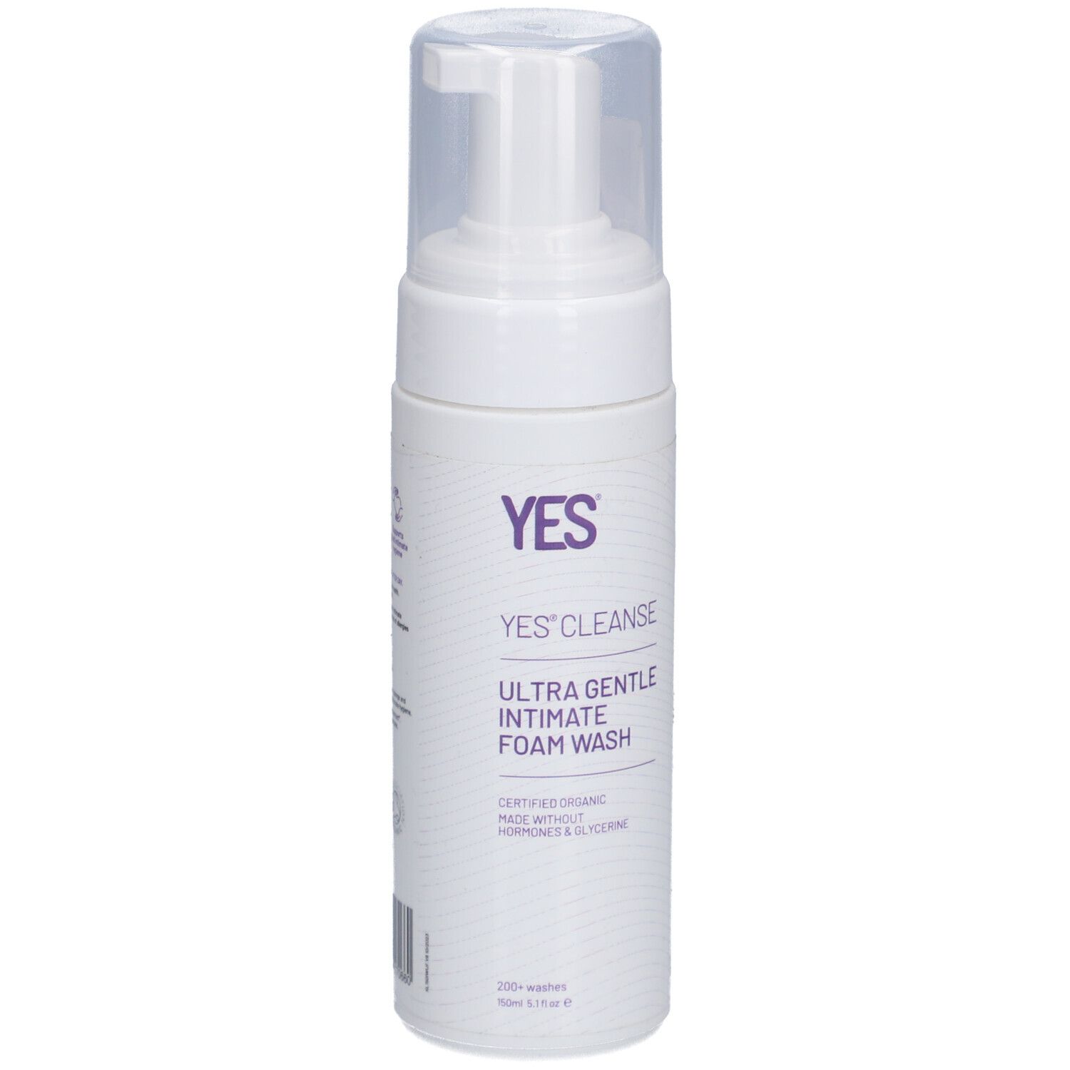 Flacon blanc avec pompe. Inscription: YES Cleanse Ultra Gentle Intimate Foam Wash. Sans hormones et glycérine.