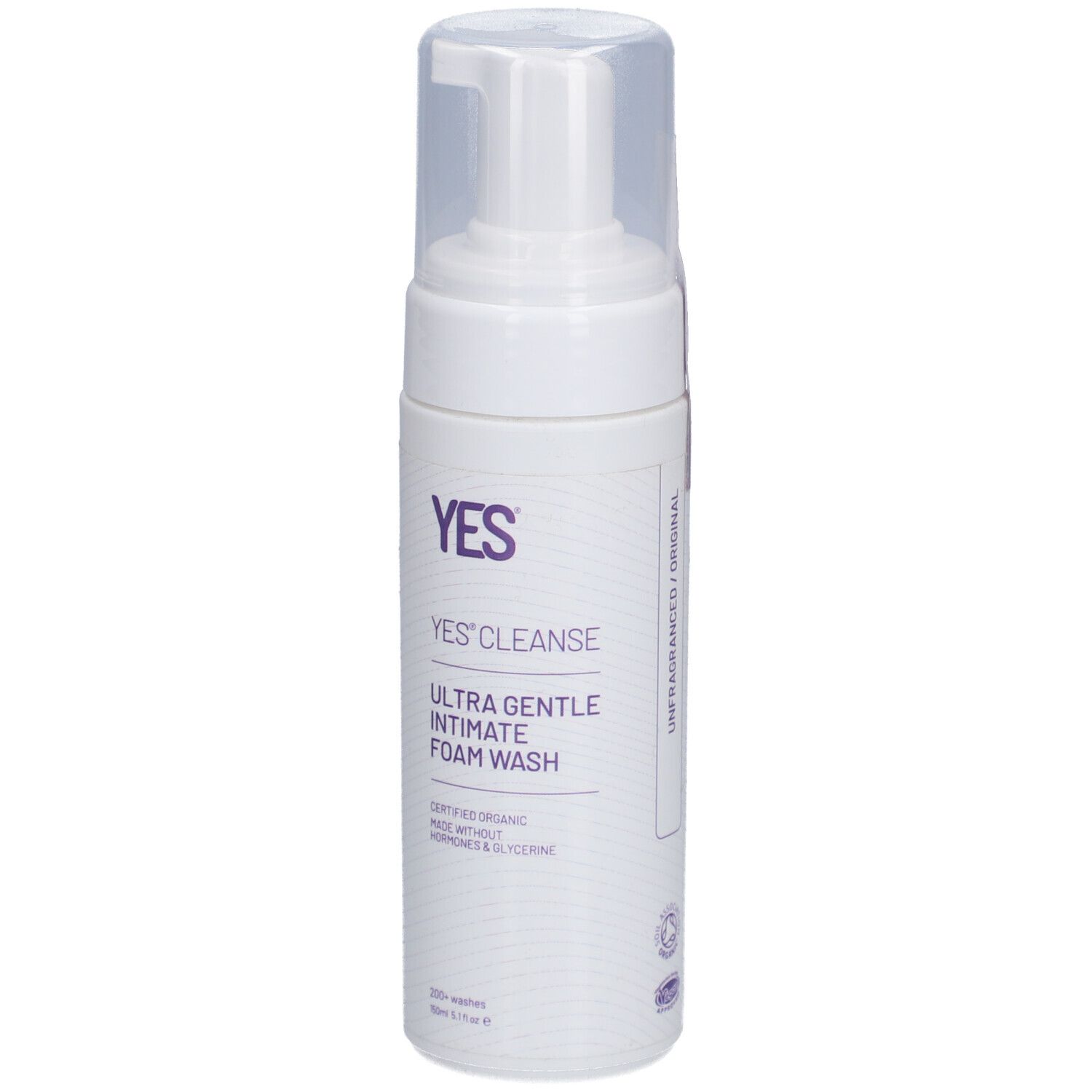 Flacon blanc avec pompe. Inscription: YES Cleanse Ultra Gentle Intimate Foam Wash. Sans hormones et glycérine.