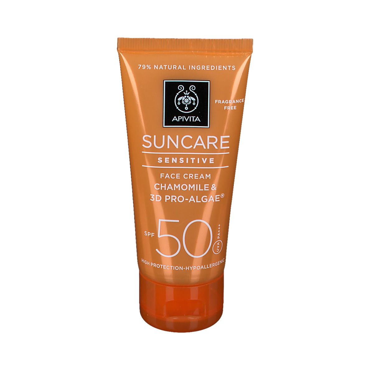 Tube orange avec texte blanc. Crème solaire. SPF 50. "Suncare Sensitive Face Cream".