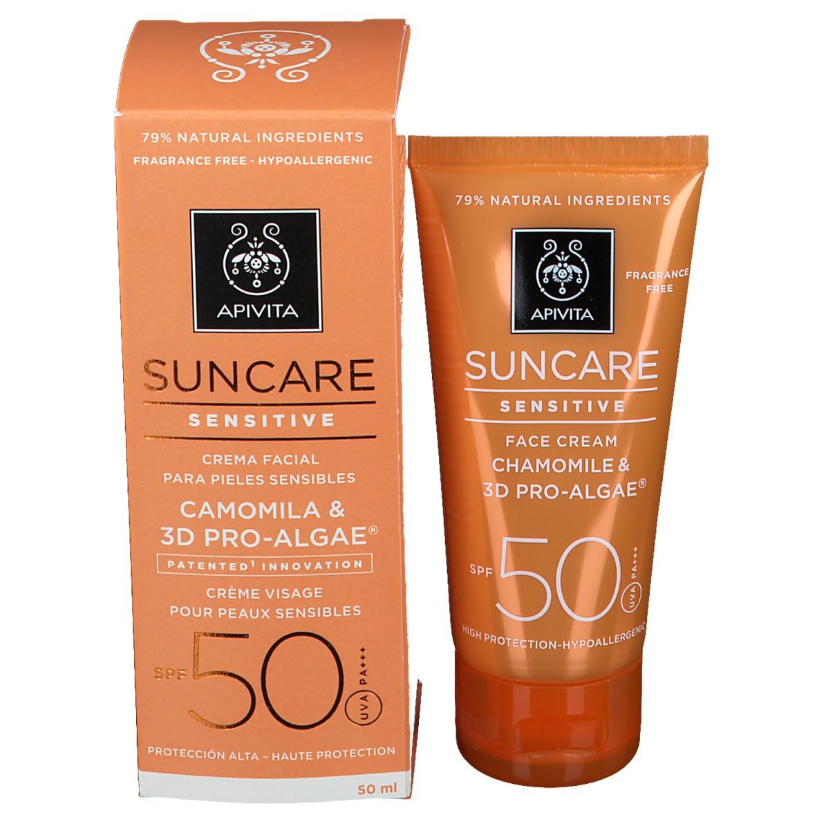 Tube et boîte de crème solaire. Orange. SPF 50. "Suncare Sensitive Face Cream".