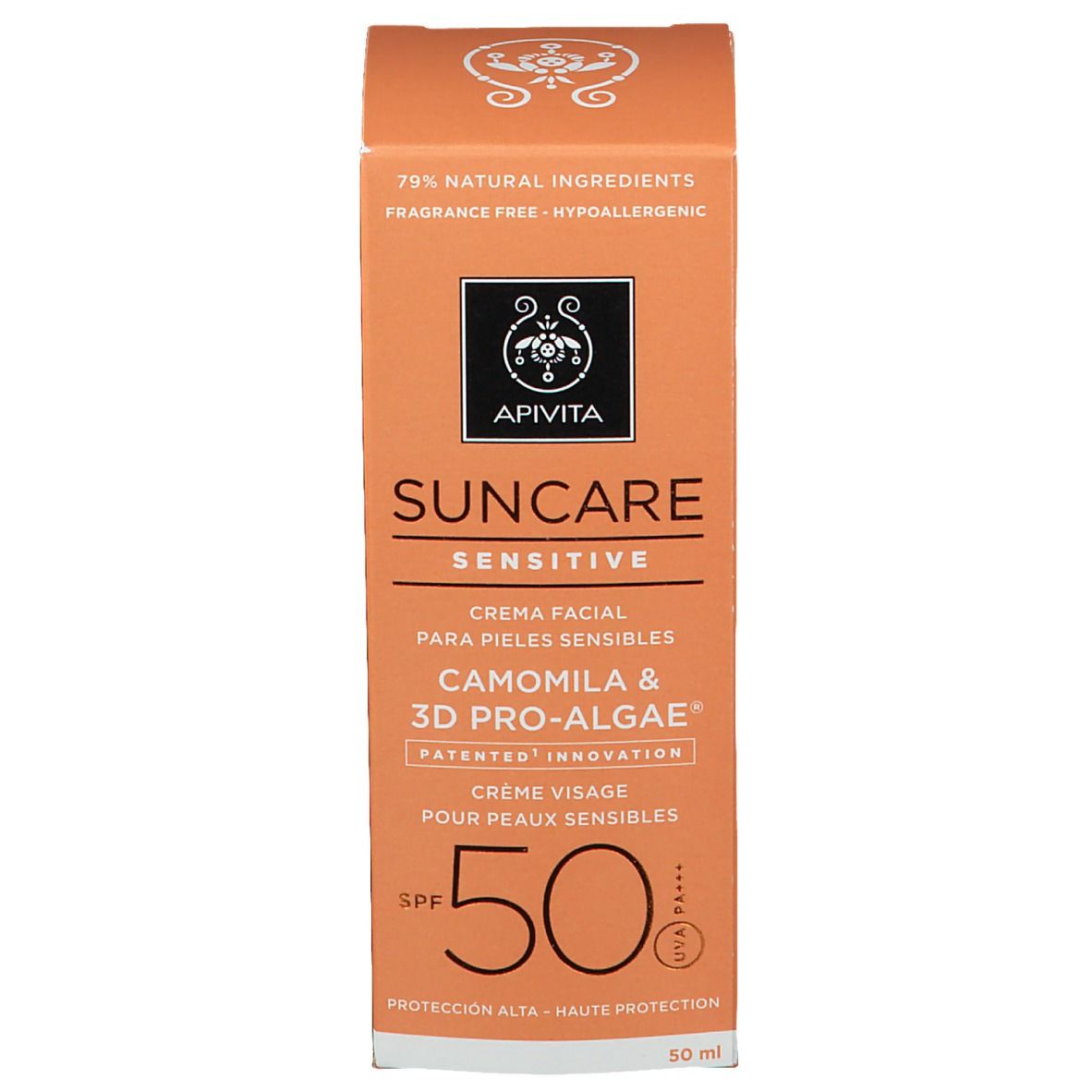 Boîte orange avec texte blanc. Crème solaire. SPF 50. "Suncare Sensitive".