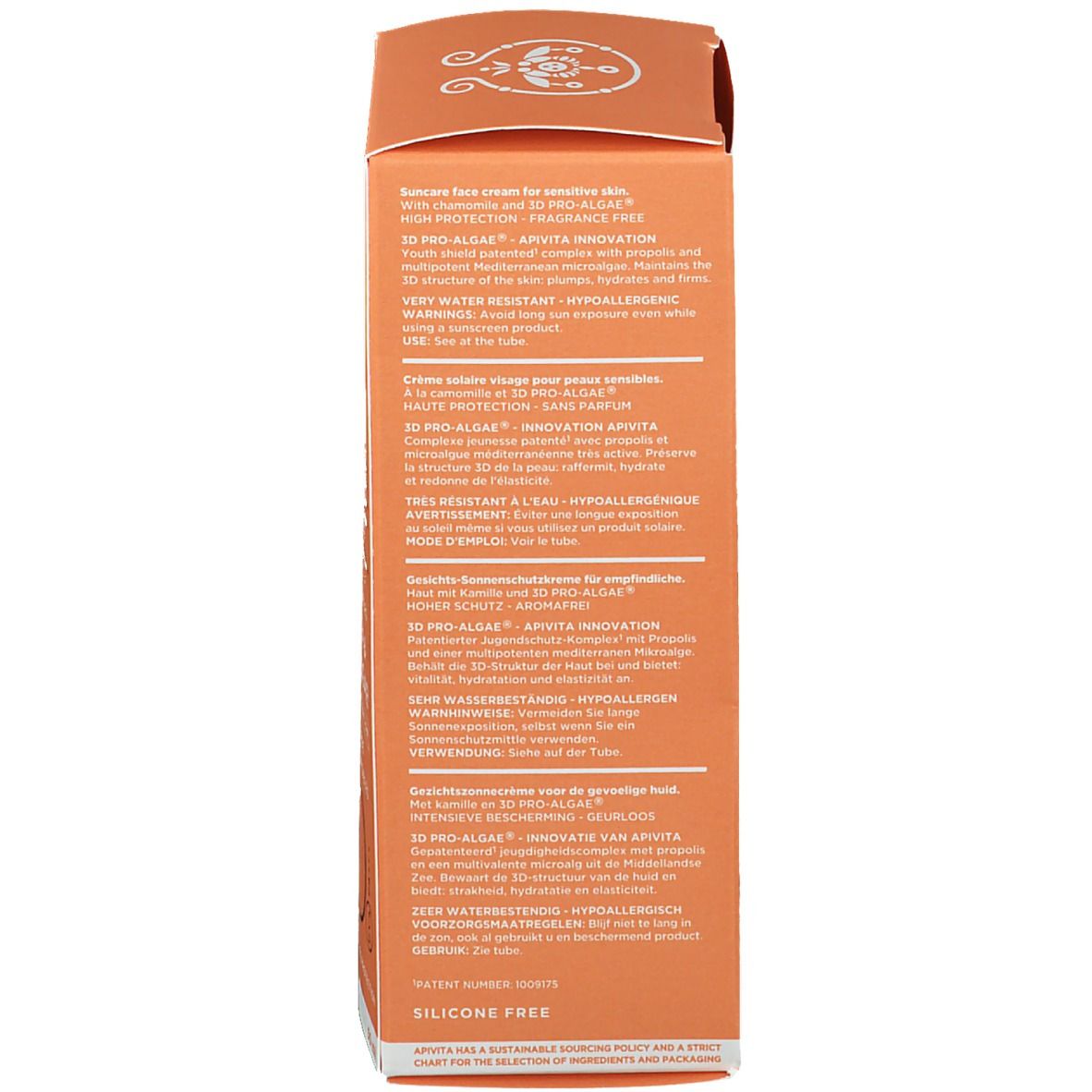 Dos de la boîte de crème solaire. Texte multilingue. Fond orange.