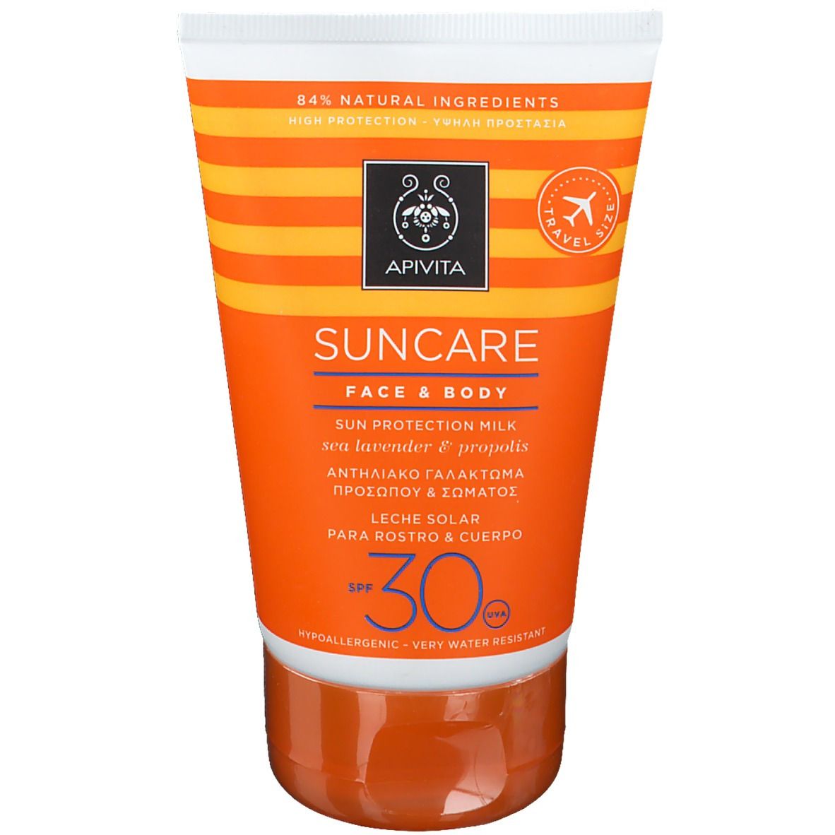 Tube orange APIVITA SUNCARE SPF 30 pour visage et corps. Contient 84% d'ingrédients naturels. Texte en plusieurs langues.