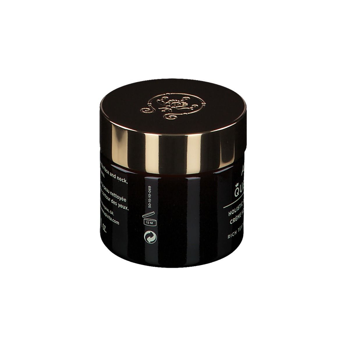 Pot de crème brun foncé avec couvercle doré. Inscription : Apivita Queen Bee, Holistic Age Defense Cream.