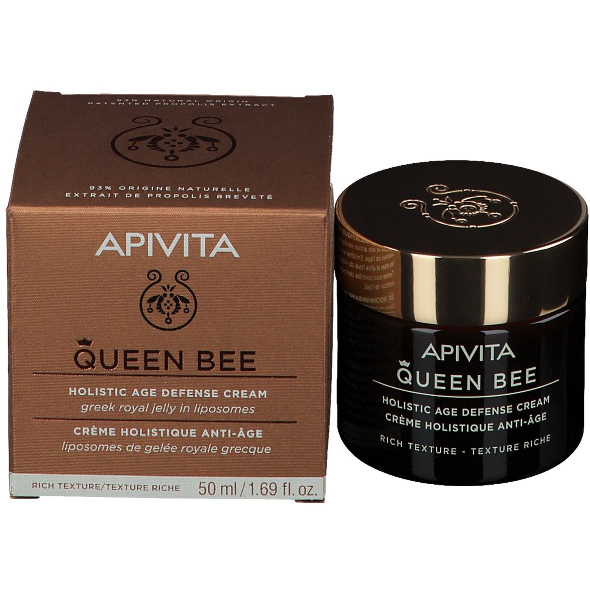 Pot de crème et boîte. Inscription : Apivita Queen Bee, Holistic Age Defense Cream, 50 ml.