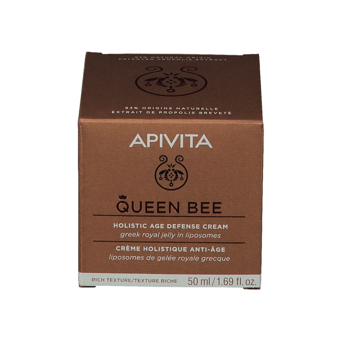 Boîte avec inscription : Apivita Queen Bee, Holistic Age Defense Cream, 50 ml.