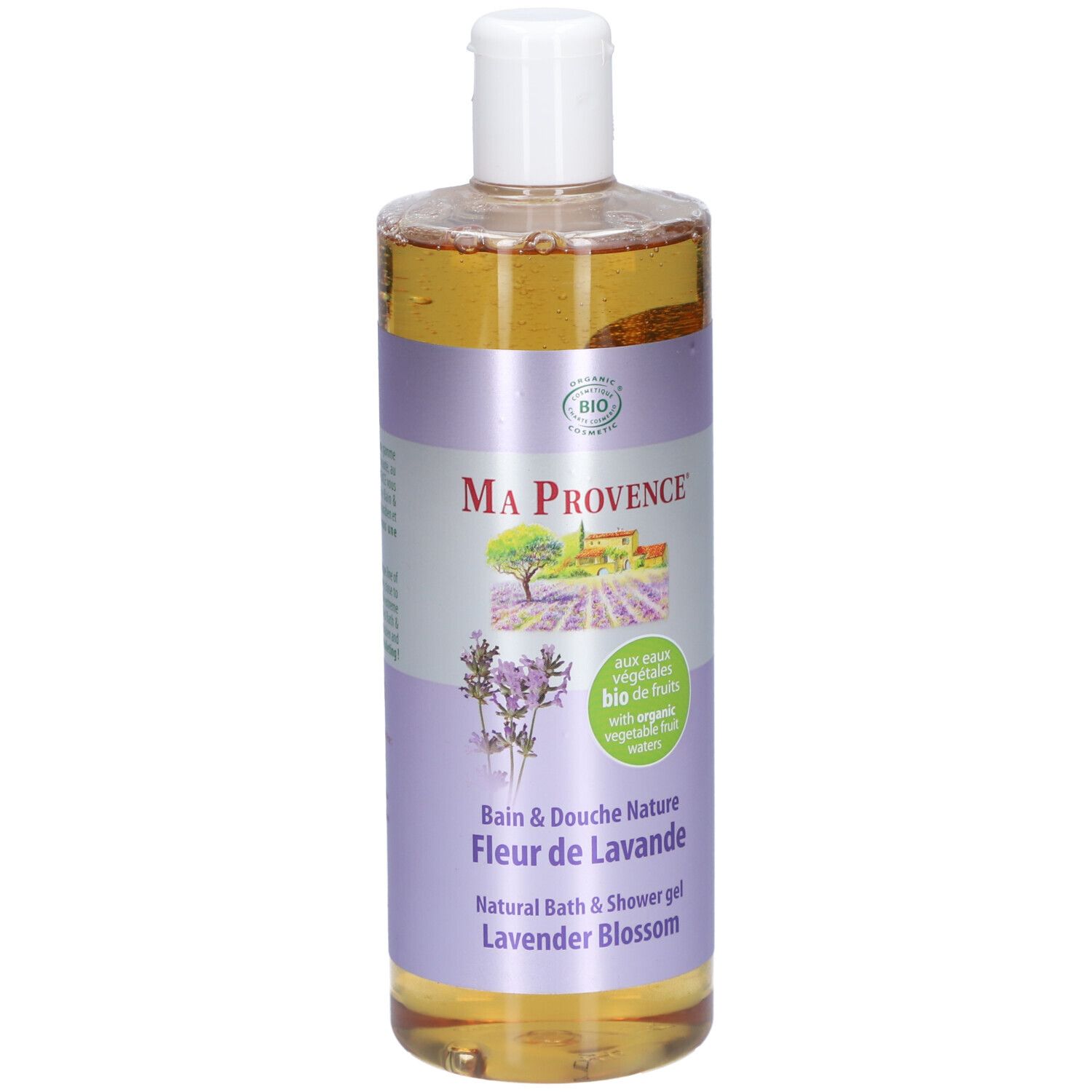 Flacon de gel douche Ma Provence Fleur de Lavande Bio. Contient un logo bio. Texte en français et anglais.