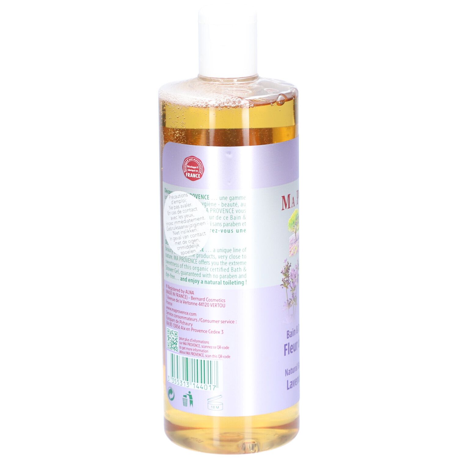 Dos du flacon. Texte multilingue. Avec sceaux et code-barres. Nom du produit: Ma Provence Bain & Douche Nature.