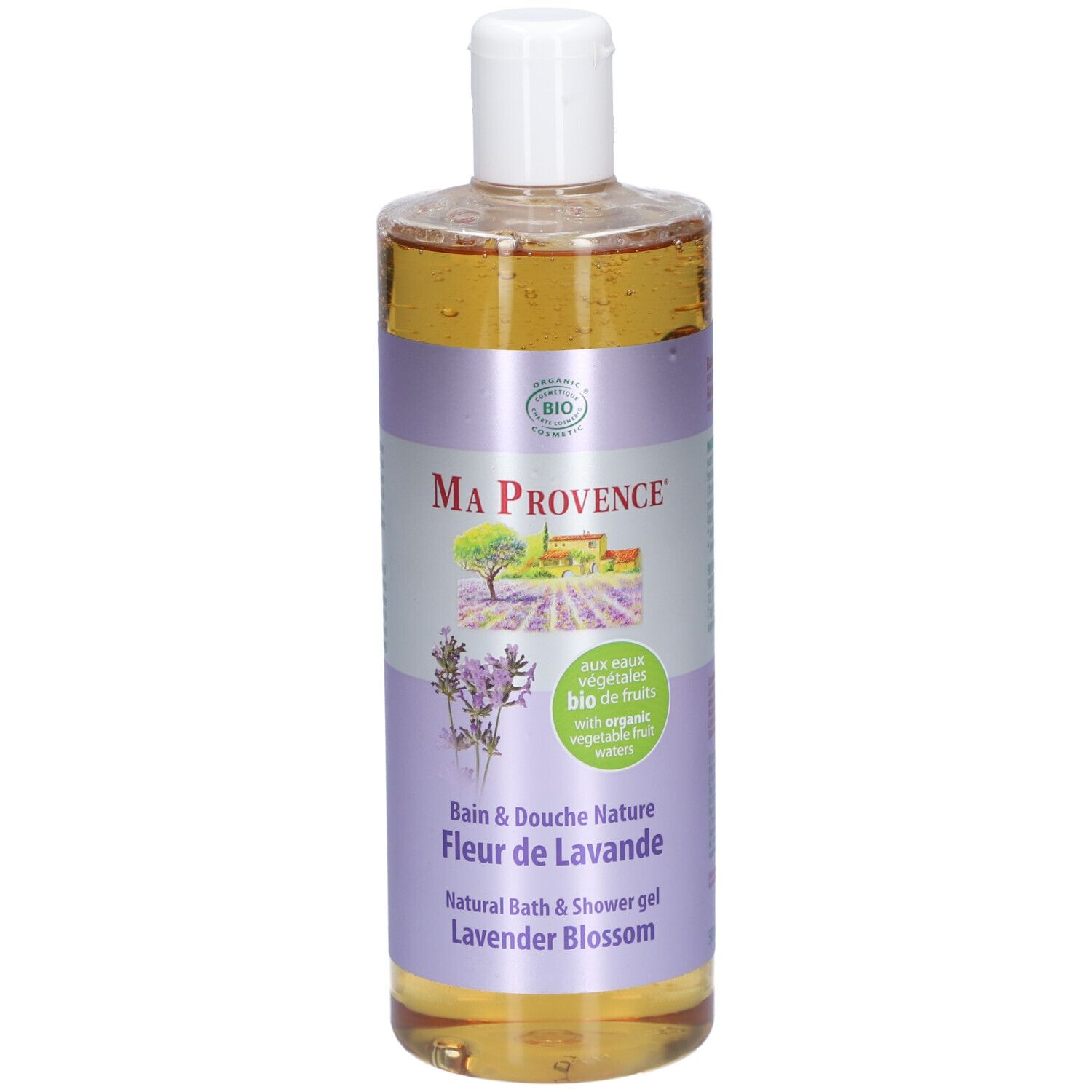Flacon de gel douche Ma Provence Fleur de Lavande Bio. Contient un logo bio. Texte en français et anglais.