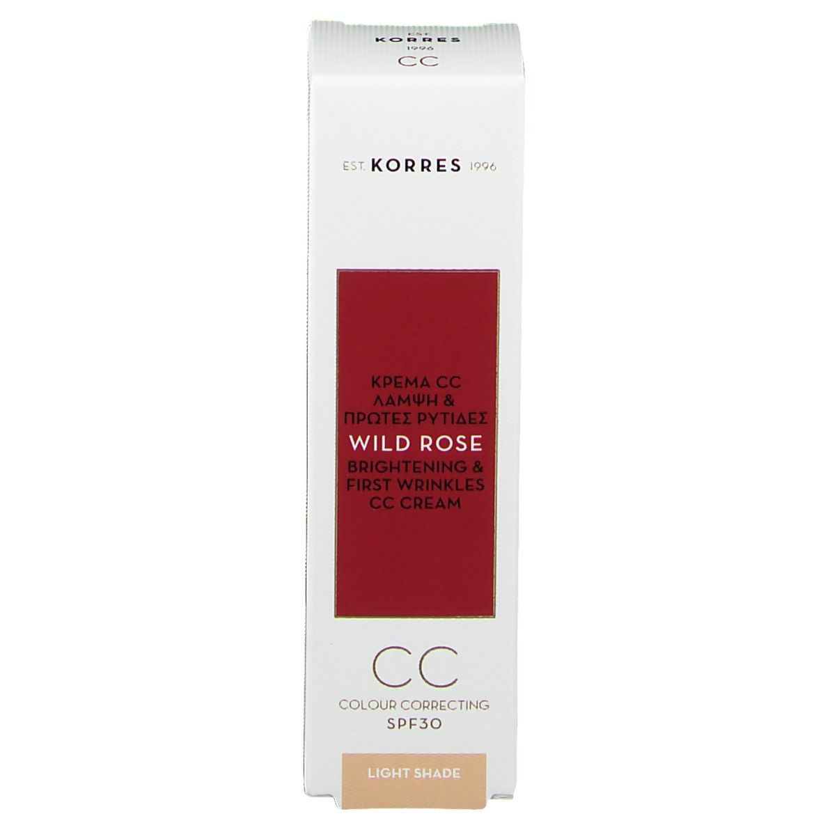 Emballage du produit. Texte: KORRES, Wild Rose, Brightening & First Wrinkles, CC Cream, SPF30, Light Shade.