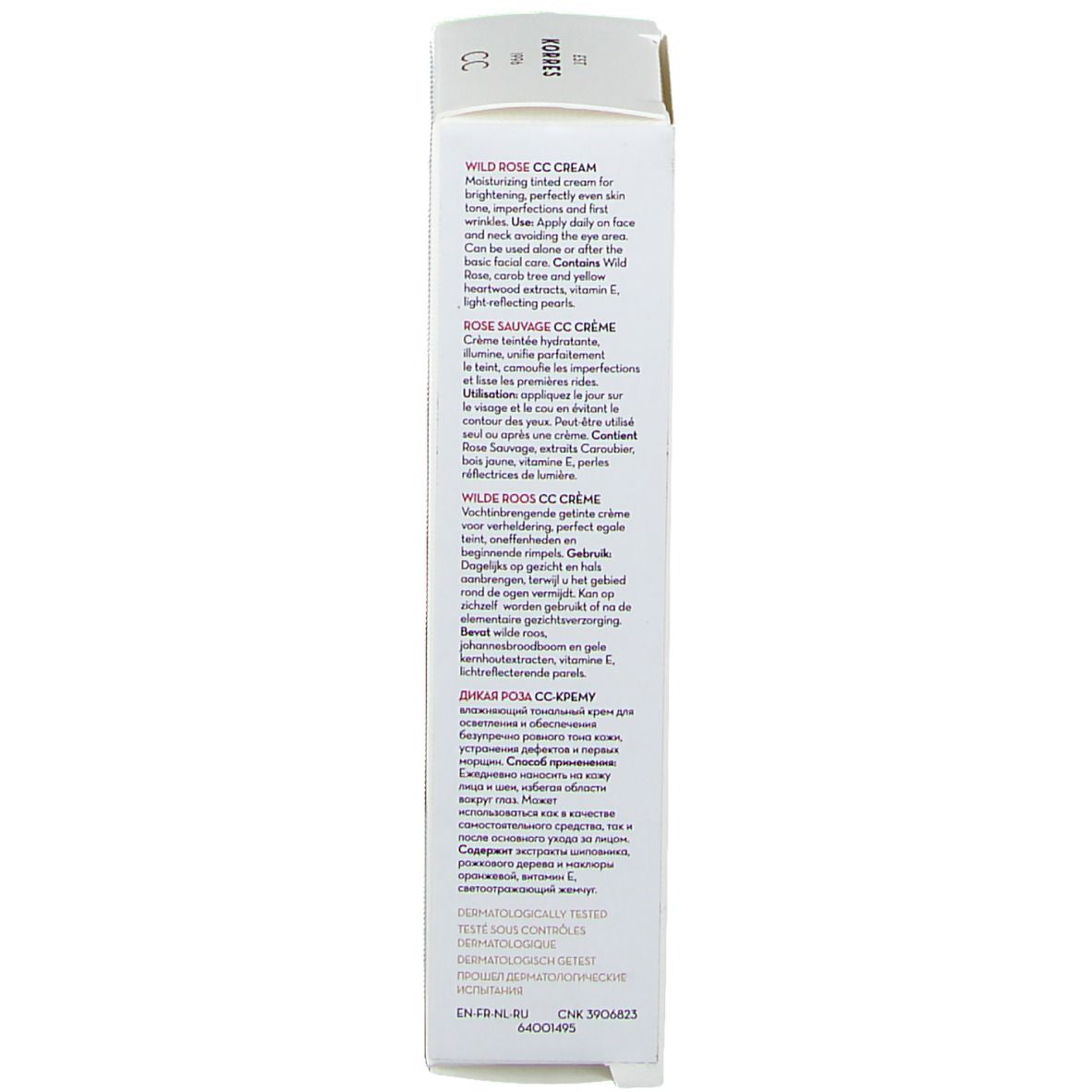 Dos de l'emballage du produit. Texte multilingue. Contient des informations sur l'utilisation et les ingrédients.