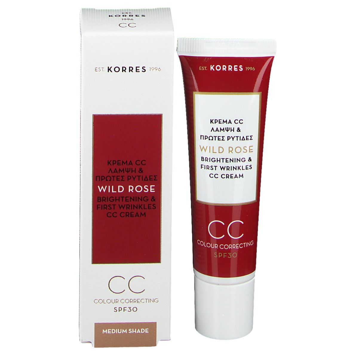 Tube et boîte de crème KORRES CC. Tube : rouge et blanc. Boîte : blanche avec champ rouge. Texte : Wild Rose, CC Cream, SPF30.