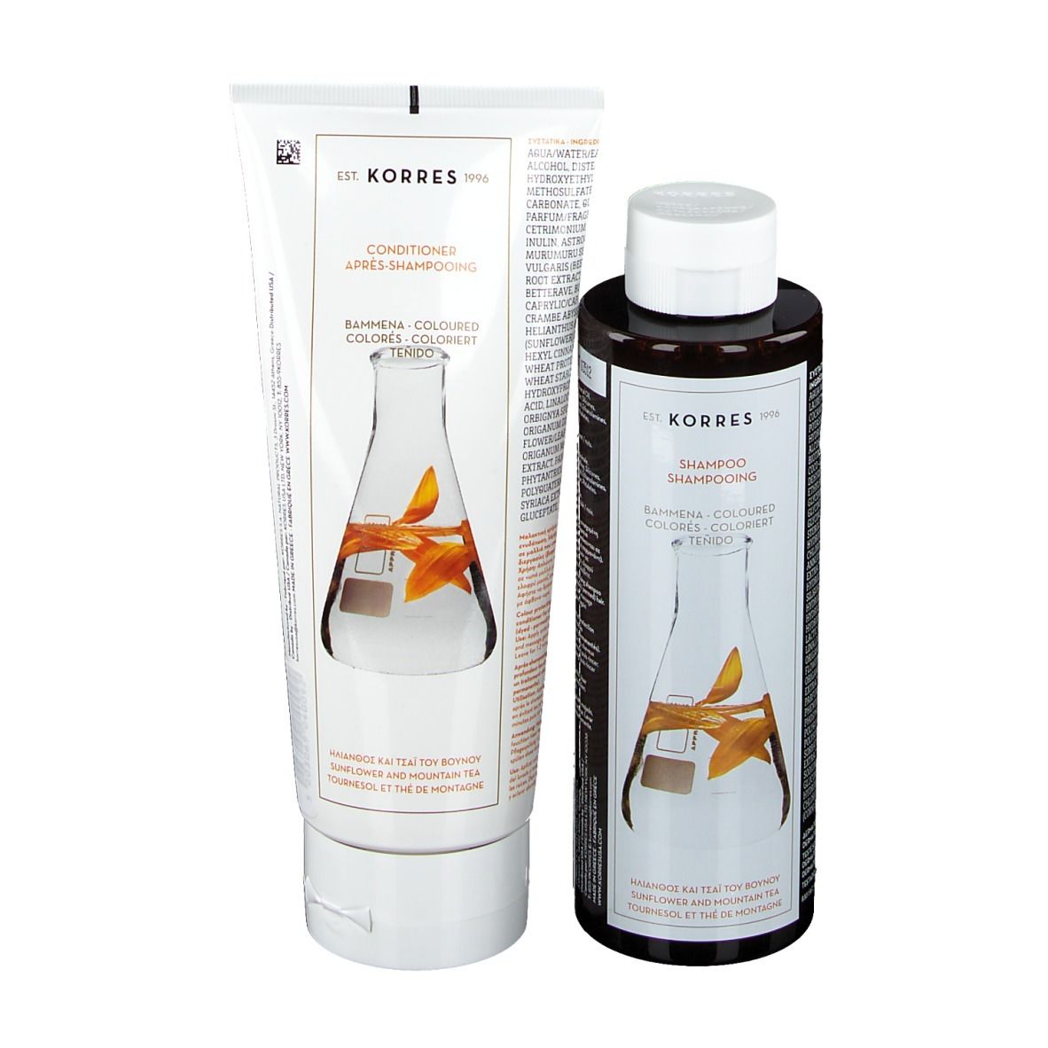 Shampoo et après-shampooing KORRES. Flacons et tube blanc-brun. Tournesol & thé de montagne. Illustration de laboratoire.