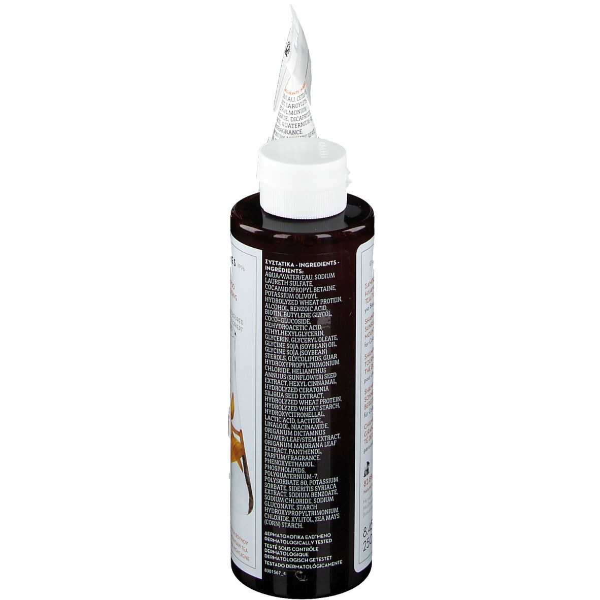 Flacon de shampooing KORRES. Flacon brun avec bouchon blanc. Liste des ingrédients au dos.