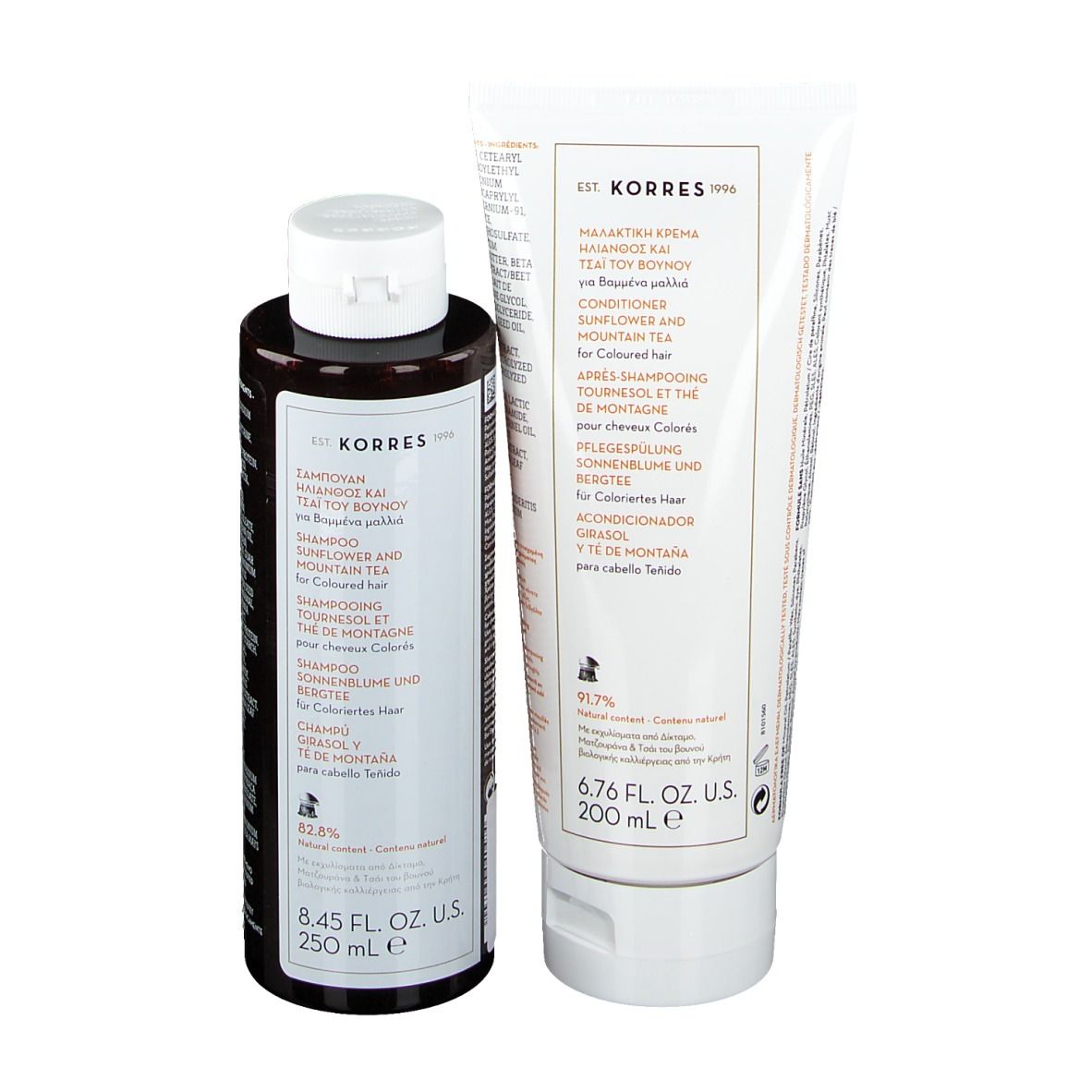 Shampooing et après-shampooing KORRES. Flacons et tube. Tournesol & thé de montagne. Texte multilingue.