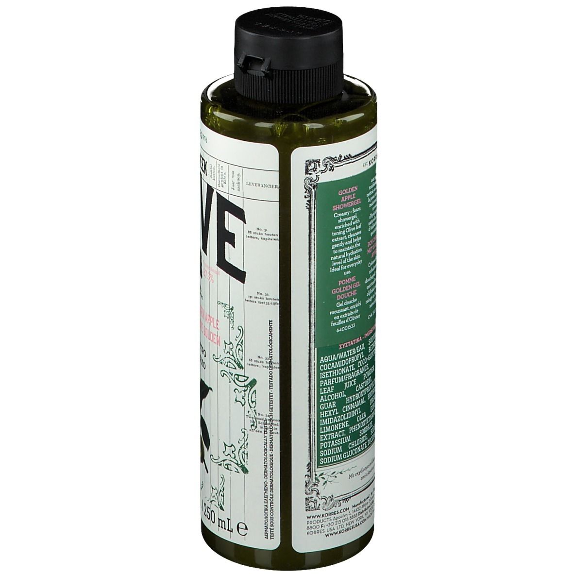Dos d'un flacon vert avec bouchon noir. Texte: ingrédients, informations produit. KORRES Pure Greek Olive.