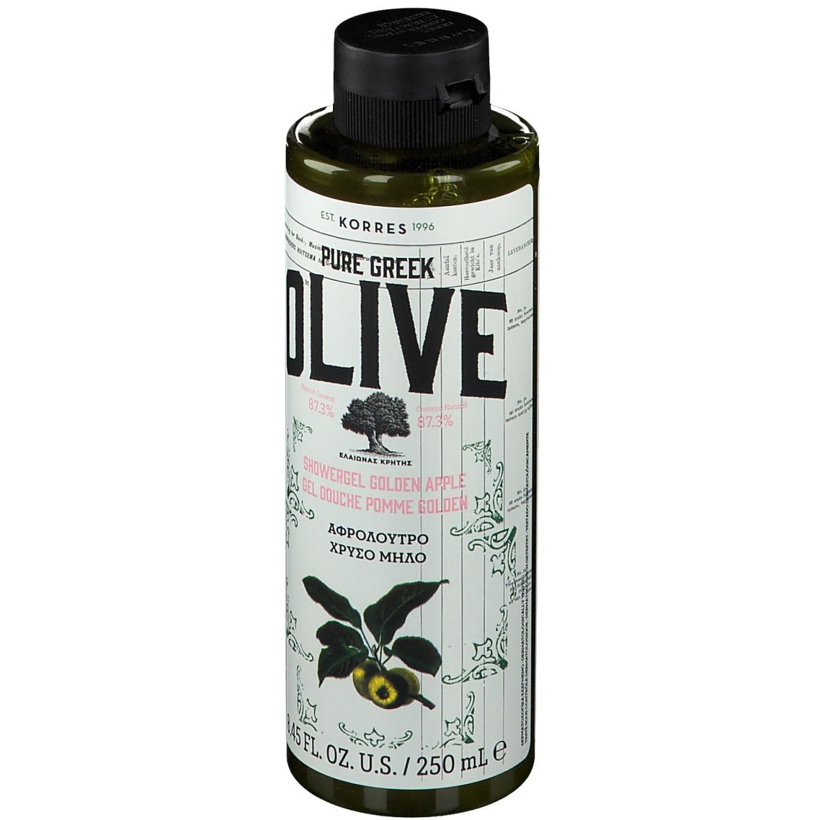Flacon vert avec bouchon noir. Inscription: KORRES Pure Greek Olive Gel douche Golden Apple. Illustration d'olives.