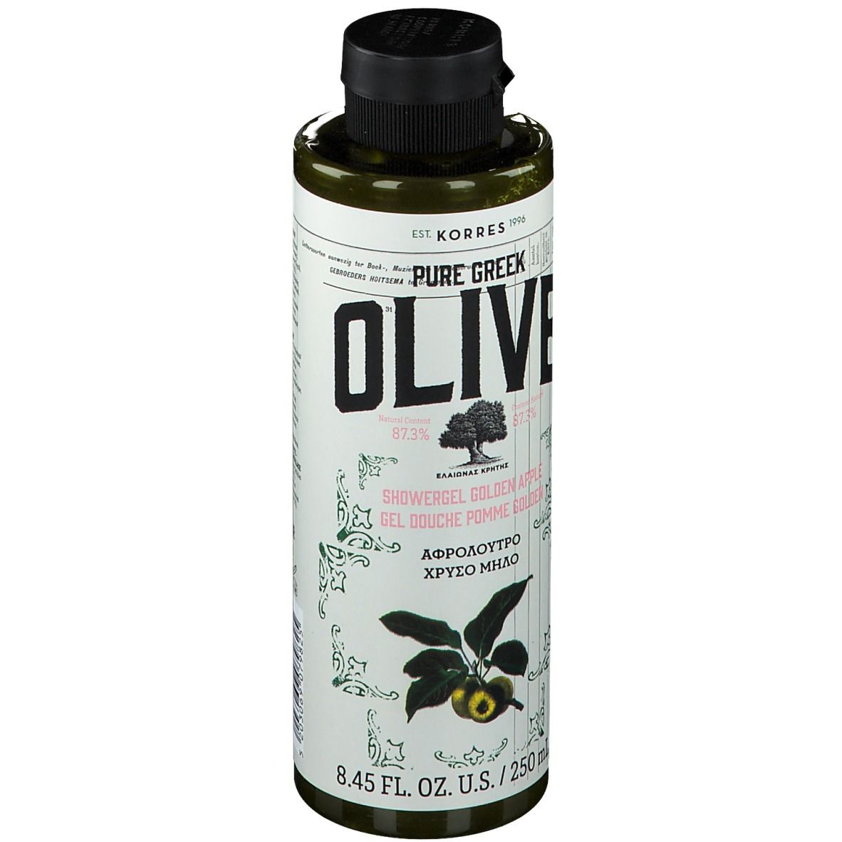 Flacon vert avec bouchon noir. Inscription: KORRES Pure Greek Olive Gel douche Golden Apple. Illustration d'olives.
