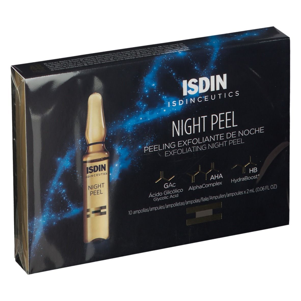Boîte ISDINCEUTICS NIGHT PEEL. Contient une ampoule. Inscription: Peeling Exfoliante de Noche. Ingrédients: GAC, AlphaComplex, HB.