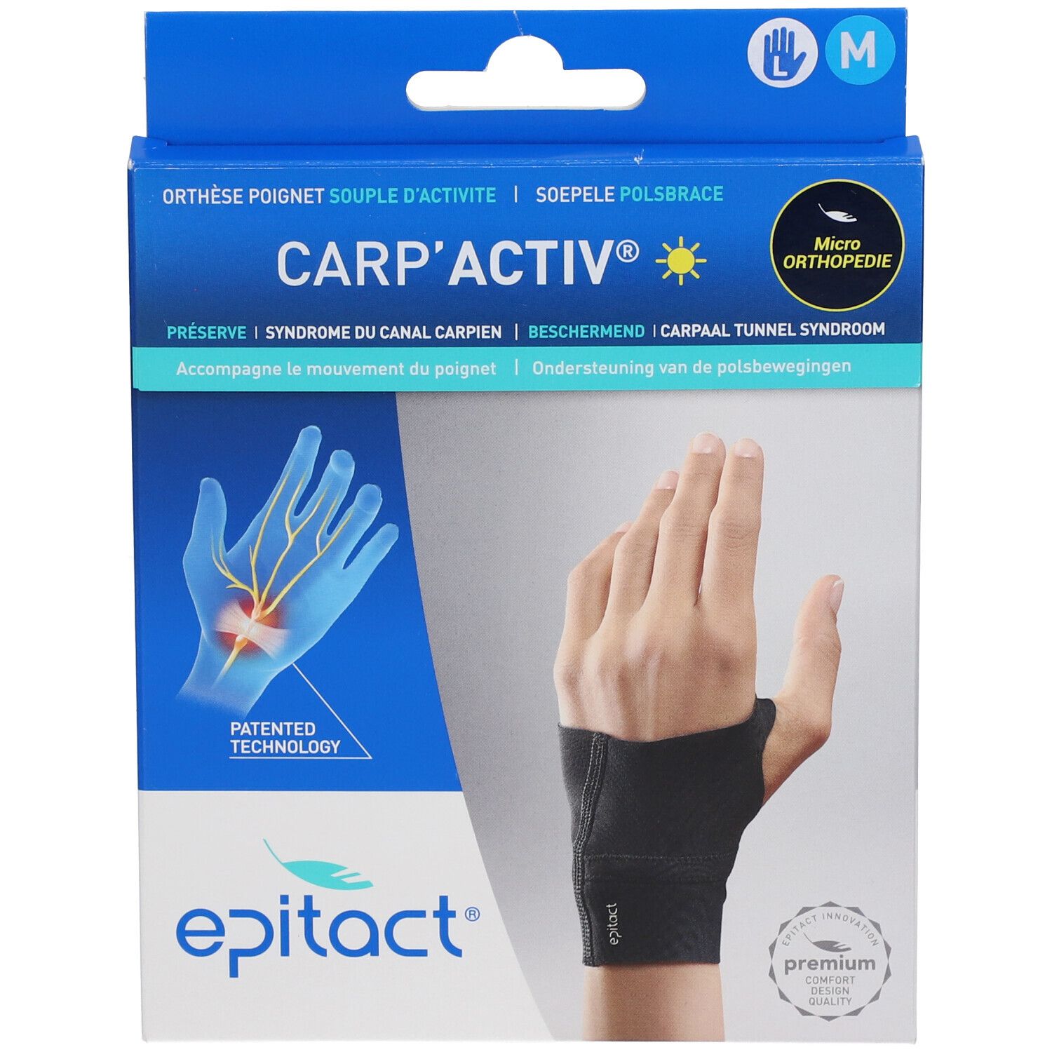 Emballage de l'orthèse de poignet CARP'Activ™. Orthèse noire, main gauche, taille M. Emballage bleu et blanc avec informations et logo.