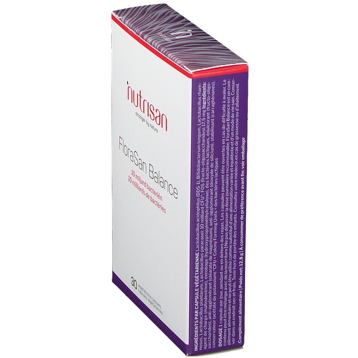 Boîte avec logo "nutrisan" et "FloraSan Balance". Texte sur ingrédients et dosage. 30 capsules.