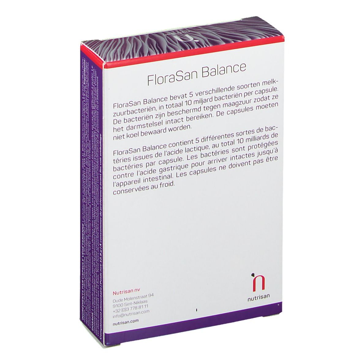 Dos de la boîte avec informations "FloraSan Balance". Logo "nutrisan" et coordonnées.