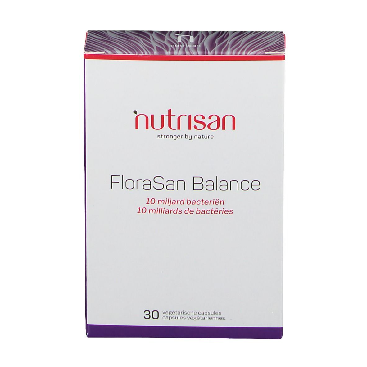 Boîte blanche avec logo "nutrisan" et texte "FloraSan Balance". 30 capsules végétales. 10 milliards de bactéries.