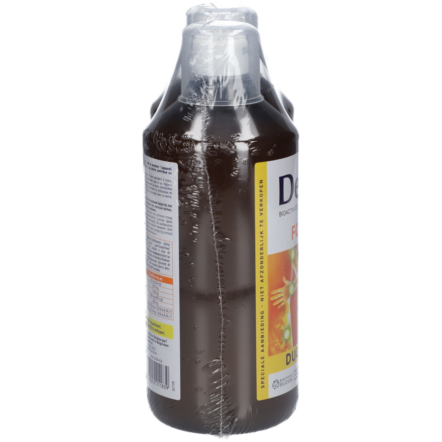 Deux flacons Dexsil Forte Duo Pack, emballés dans du plastique. Vue latérale avec étiquettes et informations produit.