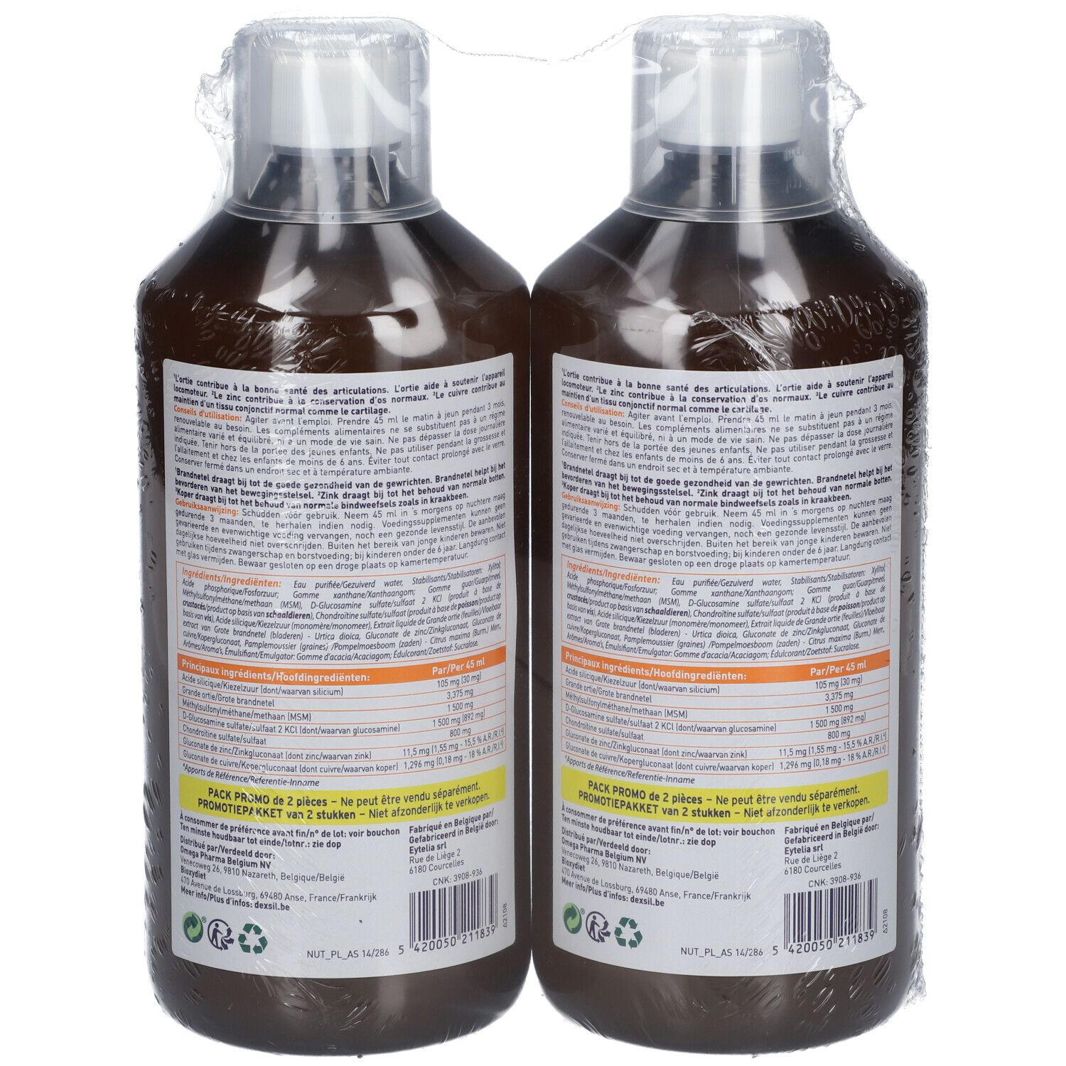 Dos de deux flacons Dexsil Forte Duo Pack. Informations produit et ingrédients sur les étiquettes.