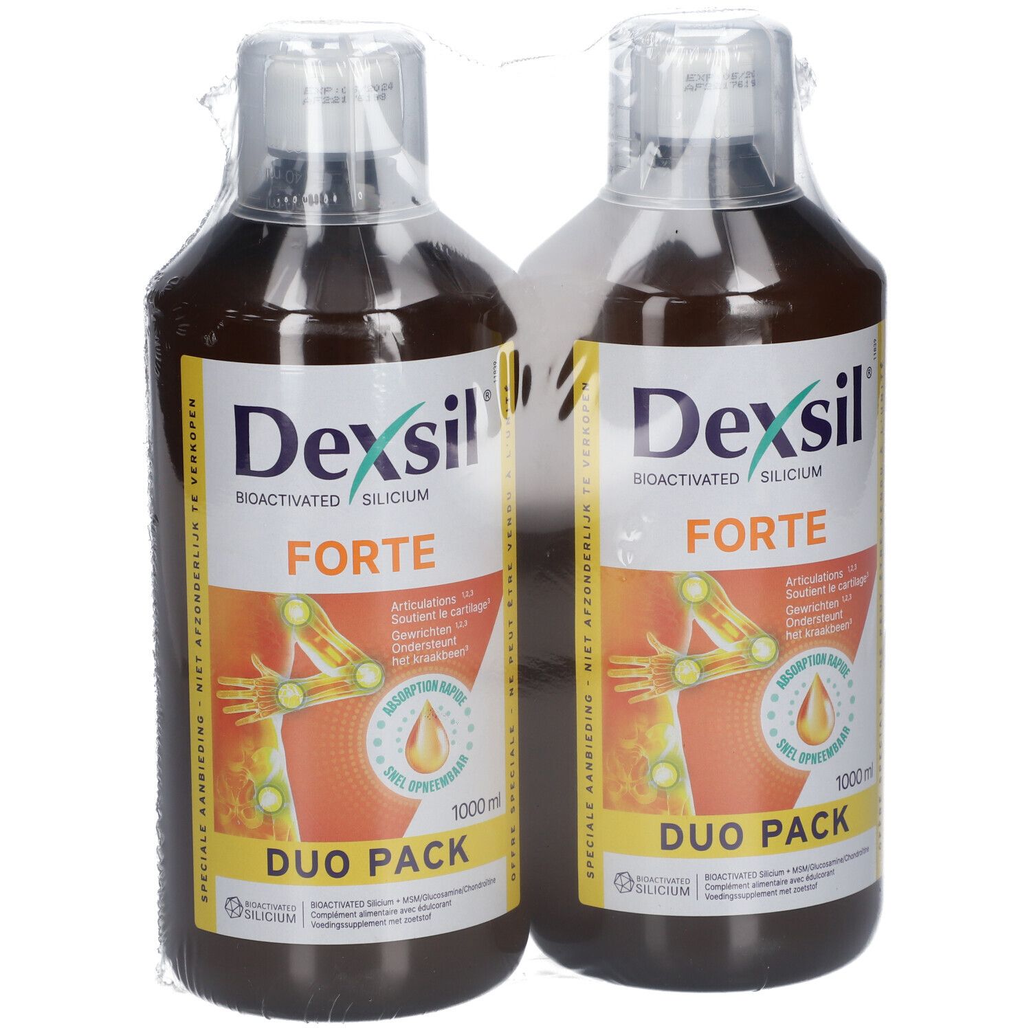 Deux flacons Dexsil Forte Duo Pack. Liquide brun dans des bouteilles à bouchon blanc. Emballé dans du plastique.