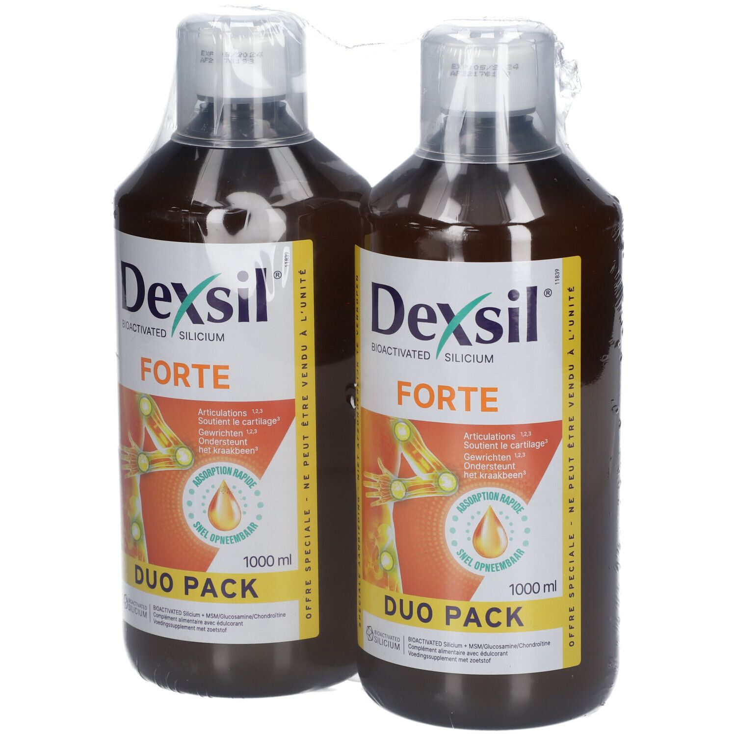 Deux flacons Dexsil Forte Duo Pack. Liquide brun dans des bouteilles à bouchon blanc. Emballé dans du plastique.