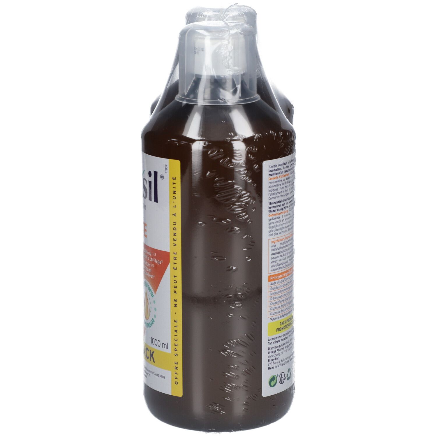 Deux flacons Dexsil Forte Duo Pack, emballés dans du plastique. Vue latérale avec étiquettes et informations produit.