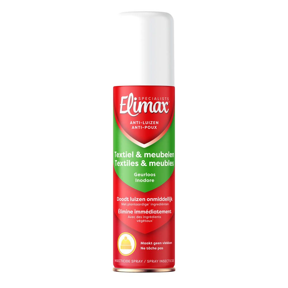 Spray textile anti-poux Elimax® : boîte avec étiquette rouge et verte, "Inodore" et "Élimine immédiatement".