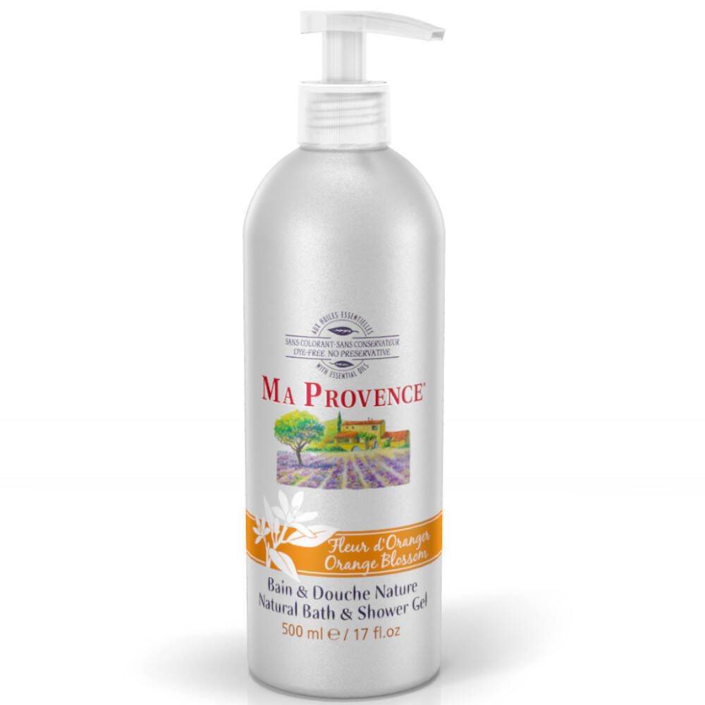 Flacon argenté avec pompe. Inscription: MA PROVENCE, Fleur d'Oranger, gel douche. 500 ml.