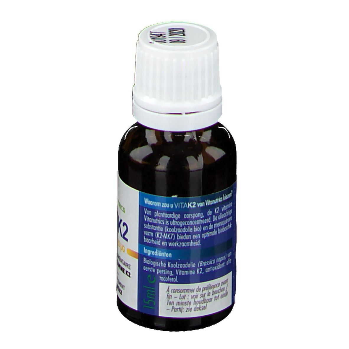 Flacon en verre brun avec bouchon blanc. Étiquette avec texte en néerlandais. Informations sur le produit.