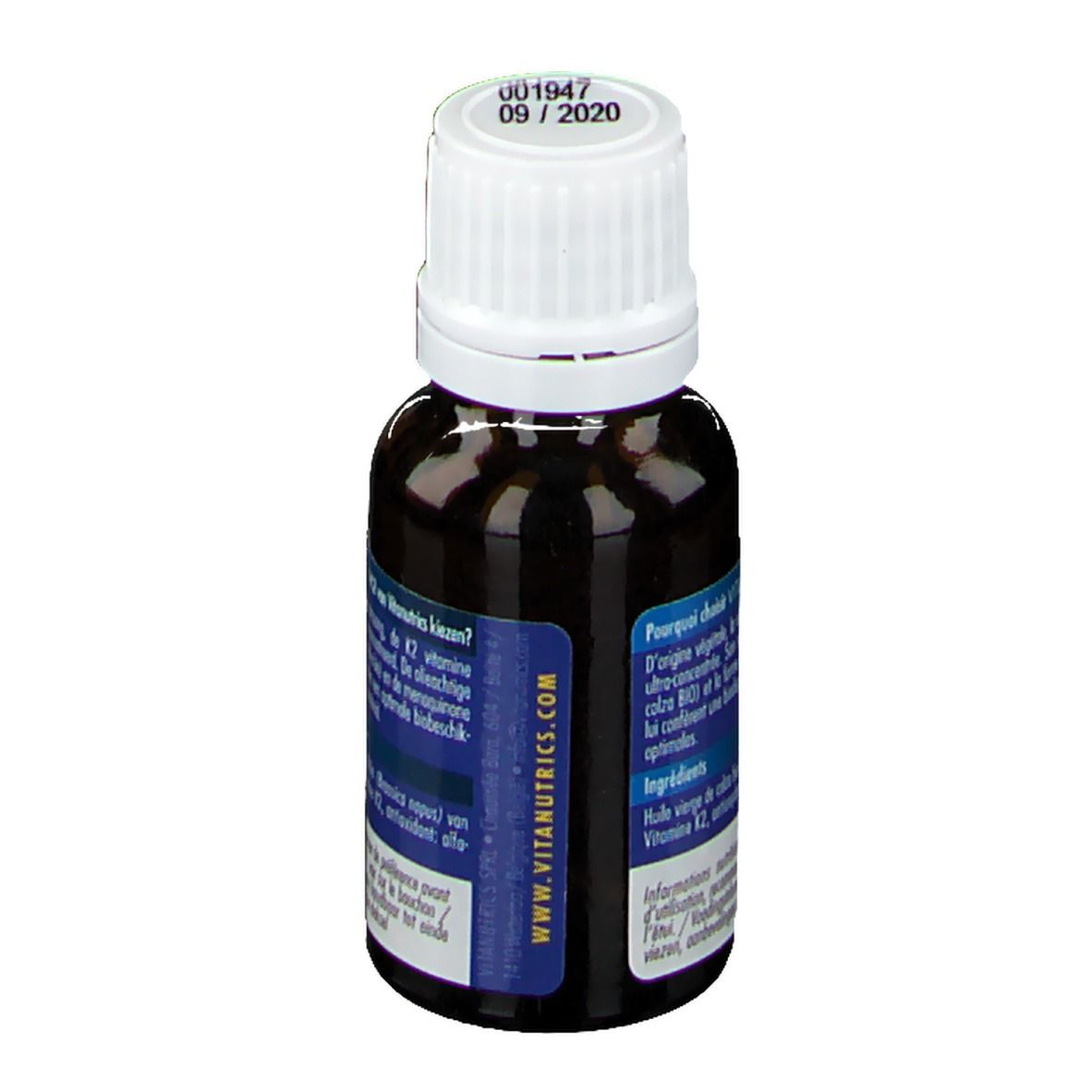 Flacon en verre brun avec bouchon blanc. Étiquette avec texte en néerlandais. Informations sur le produit.