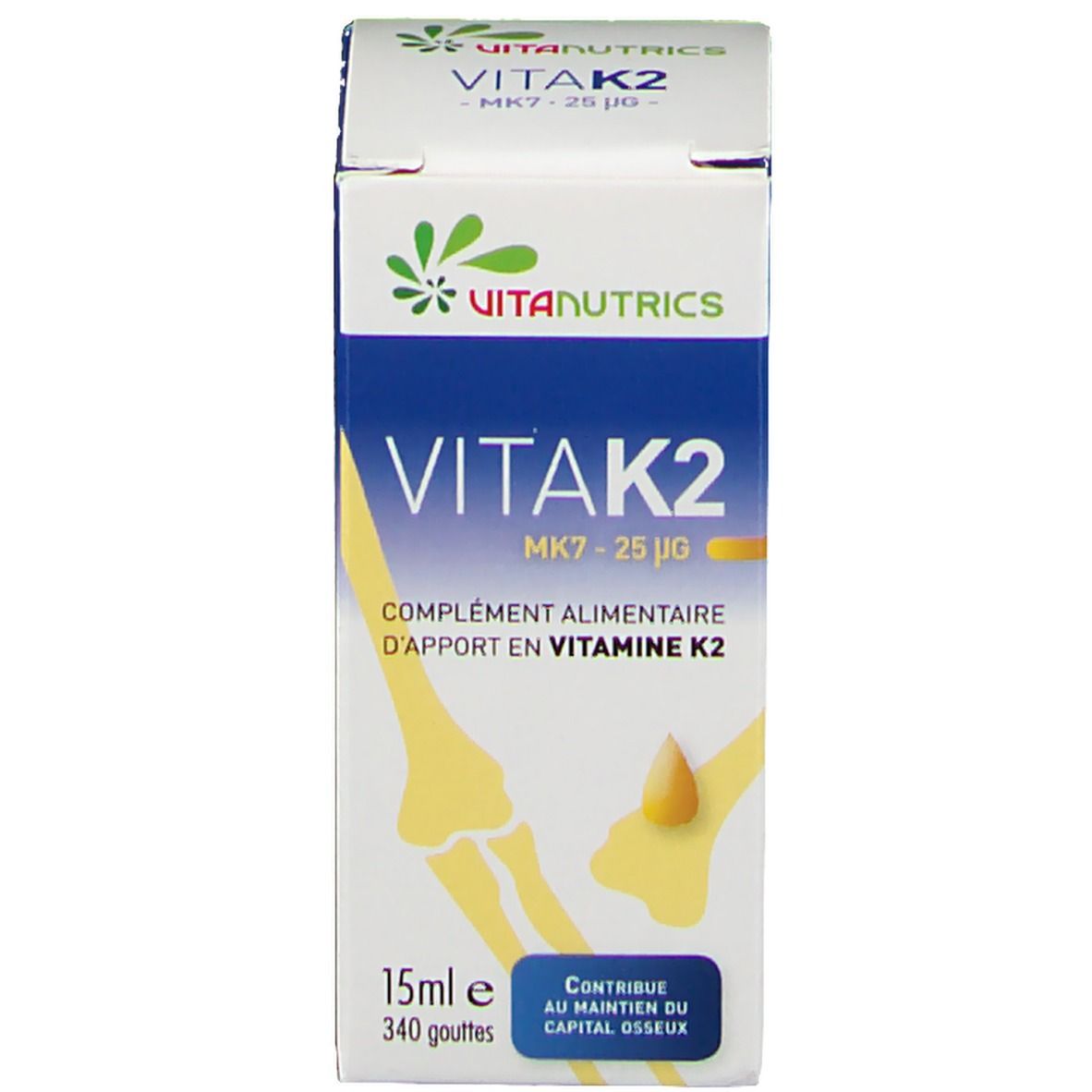 Boîte avec flacon en verre brun. Inscription: VITA K2, MK7 - 25 µg. Boîte avec illustration d'os.
