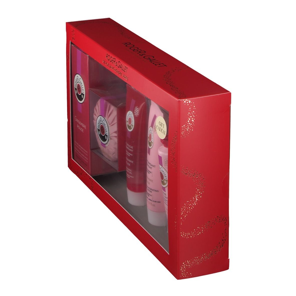 Dos du coffret cadeau avec texte. Contient des informations sur les ingrédients et le fabricant. Logo FSC.