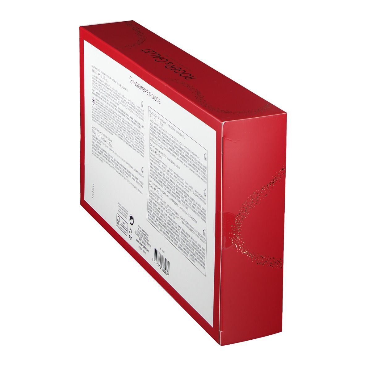 Coffret cadeau rouge, vue en biais d'en haut. Texte au dos. Logo FSC.